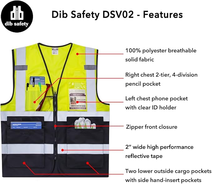 Dib Safety Reflective Vest ANSI Class 2, High Visibility Vest with Pockets and Zipper, Construction Work, Hi Vis