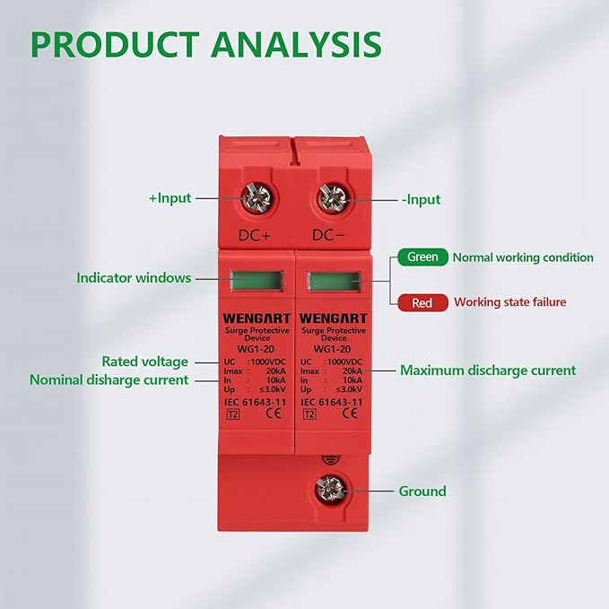 Wengart Surge Protective Arrester Device,DC1000V 2Pole 10~20kA 36mm DIN Rail Mount,Low Voltage Arrester Device for Lightning Protection Power Distribution and Control Appliances