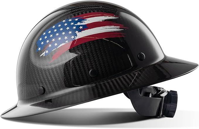 LANON Carbon Fiber Full Brim Hard Hat, OSHA Approved ANSI Z89.1 Hard Hats for Men, Construction Safety Helmet with Chin Strap, 6-Point Suspension, American Flag Design, Class C