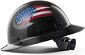 LANON Carbon Fiber Full Brim Hard Hat, OSHA Approved ANSI Z89.1 Hard Hats for Men, Construction Safety Helmet with Chin Strap, 6-Point Suspension, American Flag Design, Class C