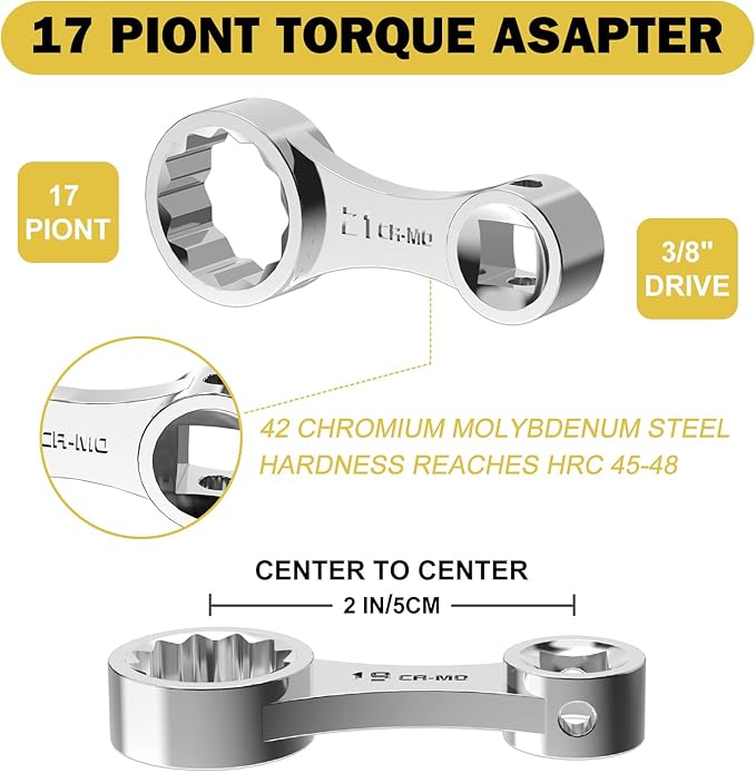 17 pcs Metric Torque Adapter Set - 12 Point Extensions & Bit Adapter (3/8", 8, 9, 10, 11, 12, 13, 14, 15, 16, 17, 18, 19, 20, 21, 22mm, 1/2''+1/4'')