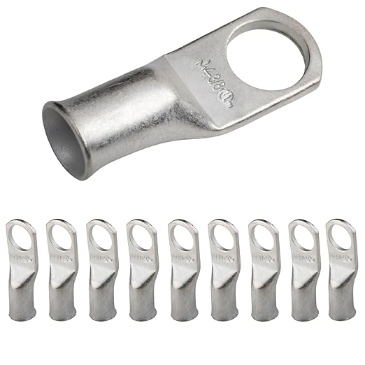 SELTERM 10pcs 4 AWG-3/8" Stud Tinned Copper Wire Lugs, Heavy Duty Battery Cable Ends,4 Guage Ring Terminals, UL Battery Lugs Marine Grade Copper Eyelets Electrical Battery Terminal Connectors