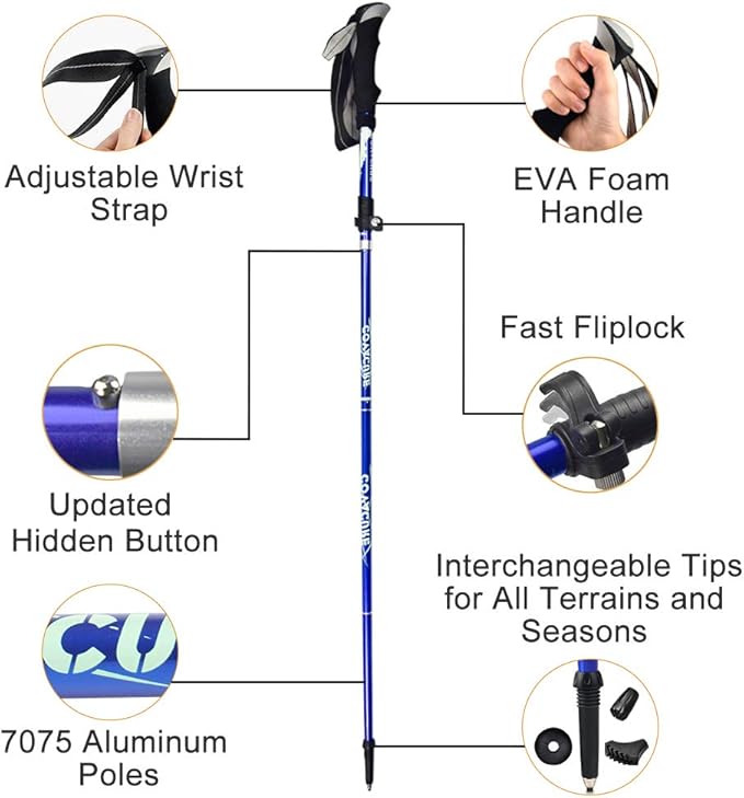 Covacure Trekking Poles Collapsible Hiking Poles - Aluminum Alloy 7075 Trekking Sticks with Quick Lock System, Telescopic, Collapsible, Ultralight for Hiking, Camping & Backpacking
