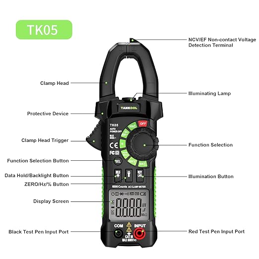 Digital Clamp Meter Multimeter Tester T-RMS 6000 Counts, Auto-ranging Voltage Amp Tester with NCV Measures AC/DC Voltage, AC Current, Resistance, Capacitance, Continuity, Diode