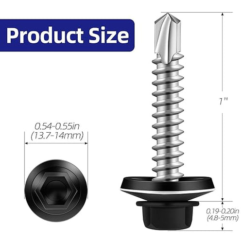 #10 x 1 Zinc Plated Steel Self Drilling Roofing Screws, Hex Head Self Tapping Screws with EPDM Washer, Black Head, 100 PCS