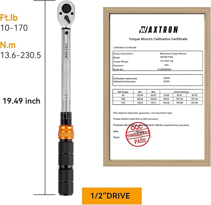 1/2" Foot Pound Torque Wrench, 10-170 Ft-Lb & 13-230 Nm Range, Dual-Direction 72-Tooth Click Wrench, Automotive Truck & Motorcycle Precision Maintenance, Heavy-Duty Storage Case Included