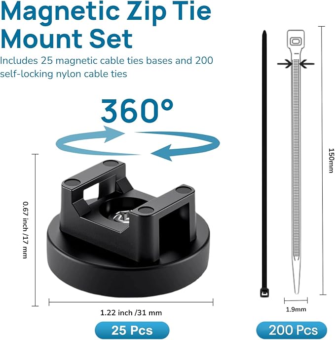 225 Pieces Magnetic Cable Ties Set, 25 Magnetic Zip Tie Mounts with 200 Cable Ties, Strong Wire Holder Cables Management, Multipurpose Electrical Cord Holders Organizer (31mm)
