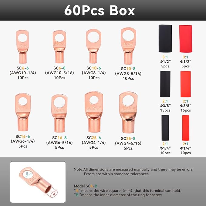 HKS Battery Cable Lug Crimping Tool 10-1 AWG with Cutter, 60Pcs Copper Ring Terminals & 60Pcs 3:1 Heat Shrink Tubing, Heavy Duty Wire Crimper Set for Battery Cables