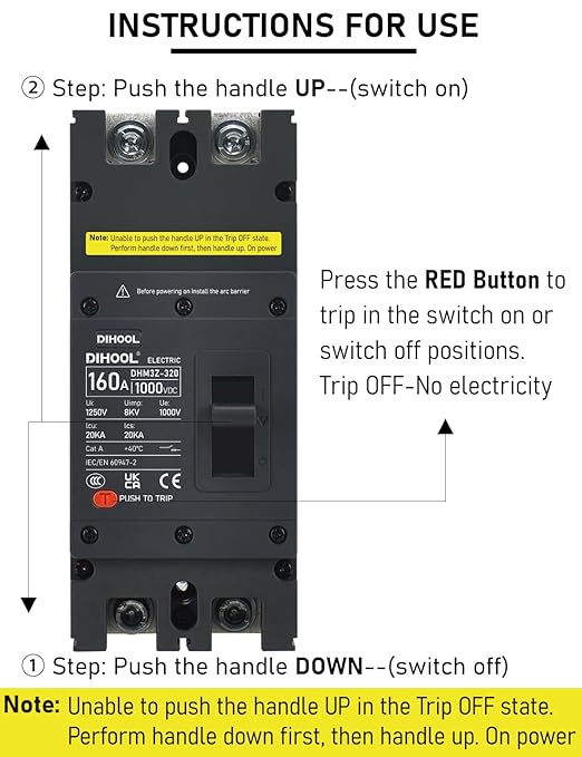 DIHOOL 160 Amp DC Circuit Breaker,2P 1000V 20kA Breaking Capacity Battery Disconnect Switch with Thermal Magnetic Trip for Solar, UPS, Battery