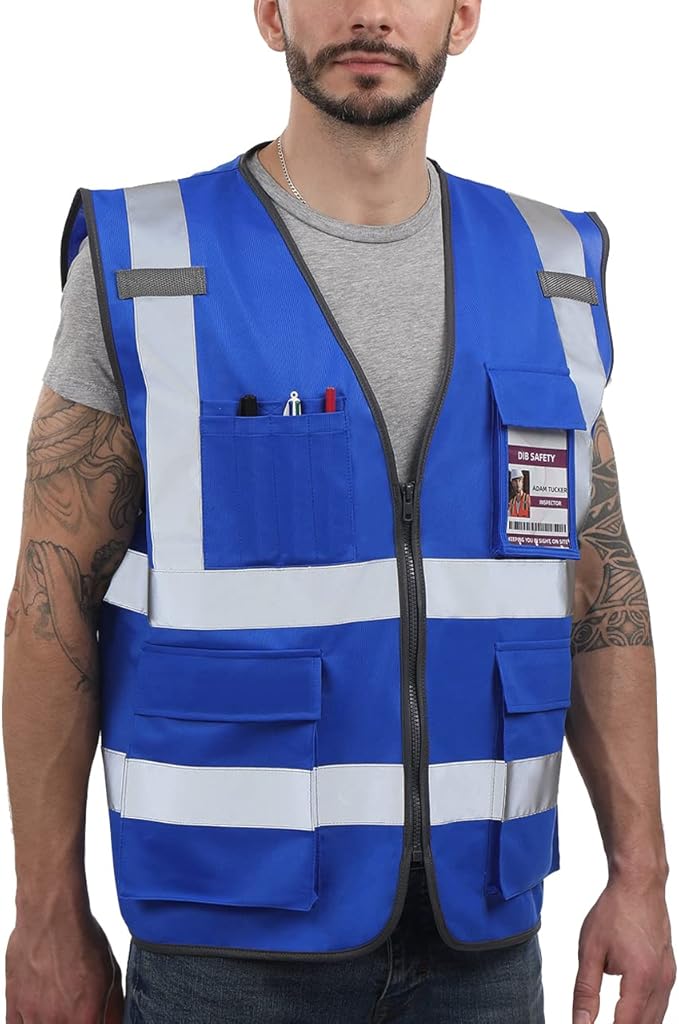 Dib Safety Reflective Vest ANSI Class 2, High Visibility Vest with Pockets and Zipper, Construction Work, Hi Vis