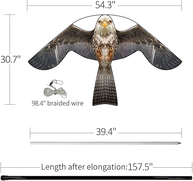 eyijklzo Bird Scaring Flying Kite Deterrents Crops Defenders Farm Protector Bird Fake Hawk Flying Eagle Kite to Keep Birds Away with 4m Telescopic Pole