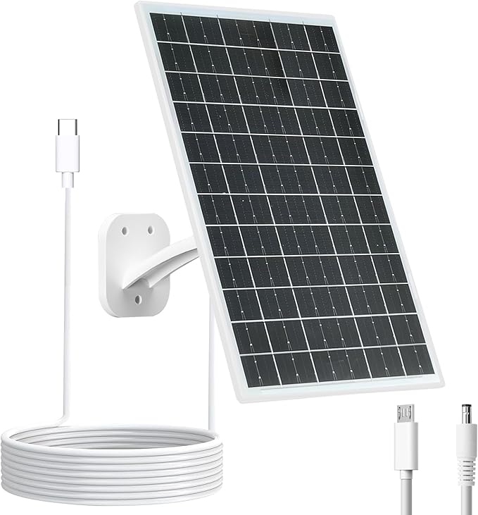 13W Solar Panel for Outdoor Security Cameras, USB-C, Micro USB & 5.5x2.1mm DC Output, 360° Mount, IP66 Waterproof, 7.2FT Cable, Compatible with 5V Battery Powered Cameras