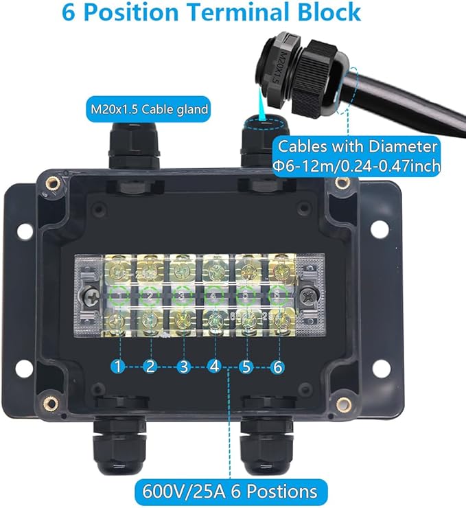 Project BoxI P67 Outdoor Waterproof Box Electronic Junction Box with 25A 600V 6P Barrier Terminal 2IN/2Out Electrical Boxes 4.5x3.5x2.12 inch