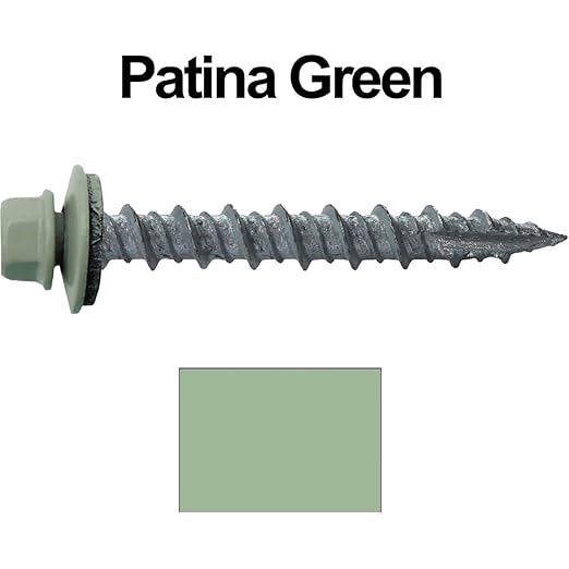 Metal Roofing Screws: (250) 10 x 1-1/2" Patina Green Hex Head Sheet Metal Roof Screw. Self Starting Metal to Wood siding Screws. EPDM Washer. Colored Head