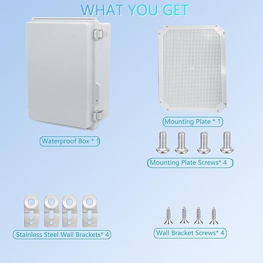 Waterproof Junction Box, ABS Plastic Electrical Box with Stainless Steel Latch, Hinged Cover Electric Project Enclosure Box with Mounting Plate, Wall Brackets 15.7"x11.8"x7.1