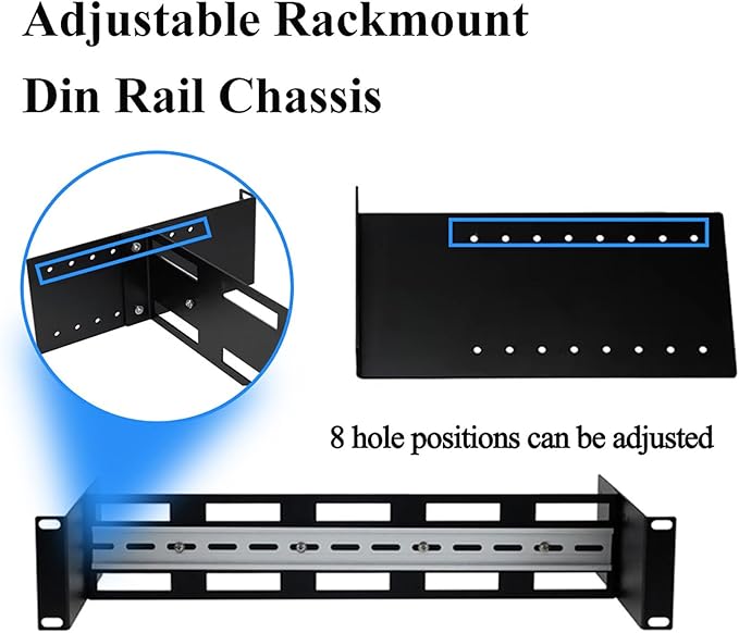 2U 19 inch Din Rail Chassis Bracket Depth Adjustable Rackmount Kit Aluminum Rack Mount Rack Rails for 35mm Din-Rail Mounted Device Ethernet Switch Media Converter Shelf