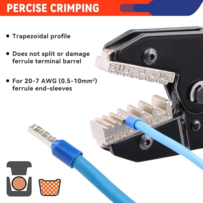 Crimping Tool for Sleeves Ferrule Terminals & Pin Cord Ends - Ratcheting Wire Crimper - AWG 22-8 (0.5-10mm²) - Electrical Crimping Tool