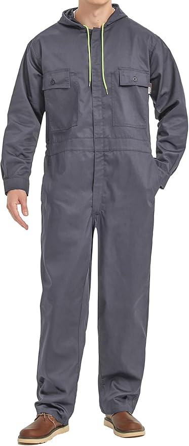 Mens Cotton Blend Long Sleeve Coverall Multi Pockets Zip Overall Mechanic Work Jumpsuit with Hood