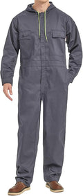 Mens Cotton Blend Long Sleeve Coverall Multi Pockets Zip Overall Mechanic Work Jumpsuit with Hood