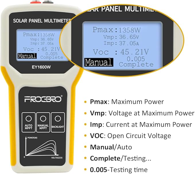 FrogBro Upgrade Solar Panel Tester Photovoltaic Multimeter Upgrade 1600W with Ultra Clear LCD, Smart MPPT Open Circuit Voltage Troubleshooting Utility Tool for Solar PV Testing (LCD 1600W)