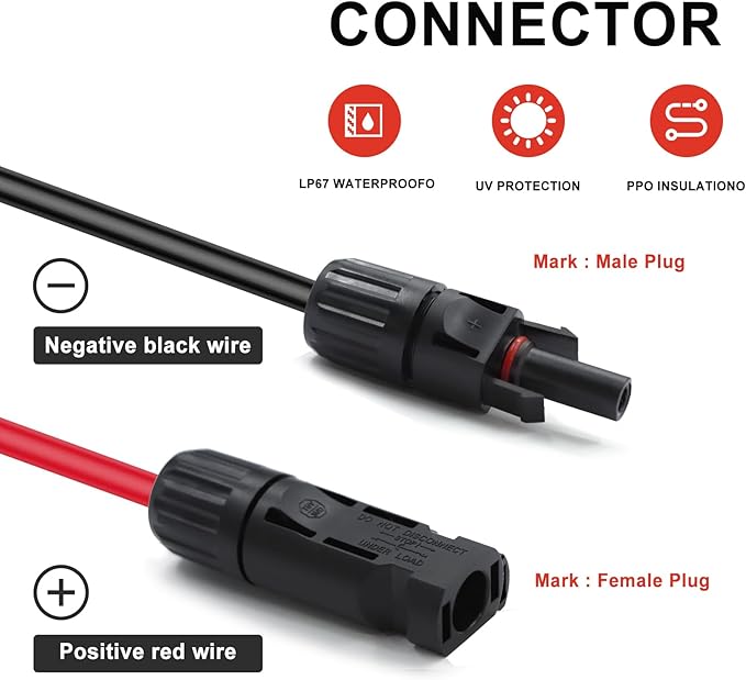 Twin Wire 40FT Solar Extension Cable - 10AWG (6mm²) Solar Panel Connector, with 6 Pairs-IP67-Male/Female Solar connectors for Outdoor Automotive RV Boat Marine Solar Panel- Black & Red