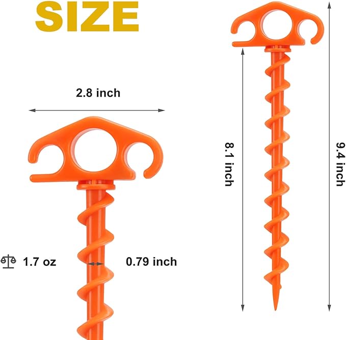 Tent Stakes Ground Anchors Screw in, 16 Pack Sand Stakes for Beach 9.4 Inch Heavy Duty Spiral Tent Pegs for Camping, Party, Hiking, Outdoor Decoration (16, Orange)