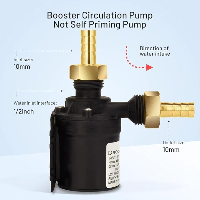 14A DC 12V Water Pump Circulation Pump- 3.43GPM, 19.6ft Lift, Ultra-Quiet Brushless Motor w/Adapter - for Solar Heaters, RVs, Brewing & Farms (Non-Self-Priming)