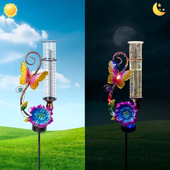 Butterfly Rain Gauge Outdoor, Solar Rain Gauge with Metal Stake, 7 Inch Tube Decorative Color Lights Rain Measure Gauge for Patio, Lawn, Garden