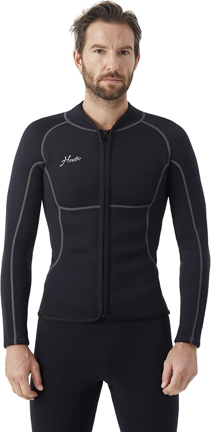 Hevto Men Wetsuit Tops and Vest 3/2mm Neoprene Jacket Surfing Swimming Front Zip Wet Suit for Water Sports