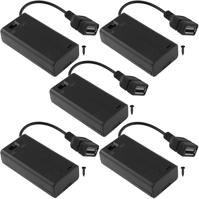 5 PCS 2 AA Battery Box Holder with USB Female Cable Socket 2 AA Power Supply Battery Case Box with ON-Off Switch, for Mini Fan Light, Toy RC Car, LED Strip