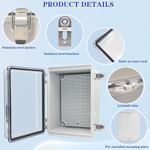 Waterproof Electrical Box, IP67 Junction Box Stainless Steel Latch Hinged Clear Cover Project Enclosure with Wall Bracket 8.7"x6.7"x4.3"