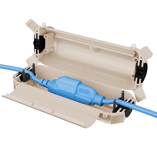 QUOBAS Outdoor Extension Cord Cover, Weatherproof Electrical Connection Box with Lockable Latches and Mounting Holes for Outdoor Sockets, Plugs, Outlets, Holiday Lighting, and Power Tools, Almond