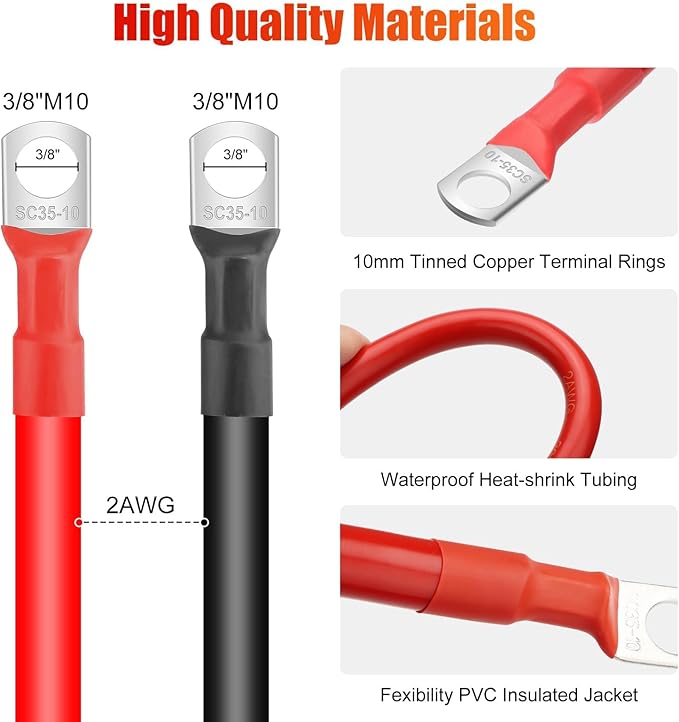 Linkstyle 2PCS 2 AWG 20 Inch Battery Cables with 3/8" Ring Terminals & Battery Terminal Clamps, 50CM Heavy Duty Battery Inverter Wire Set for Marine, Solar Panels, Car, Truck, RV
