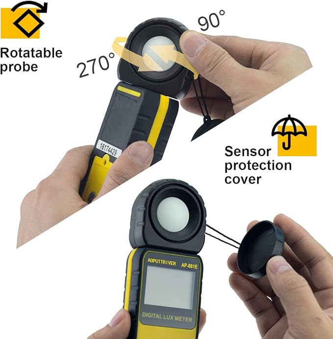 Digital Illuminance Light Meter,0.01~300,000 Measurement Range Lux Meter Foot Candles Luxmeter with 270º Rotated Sensor for Indoor Outdoor Light Meters for Plants (AP-881E)
