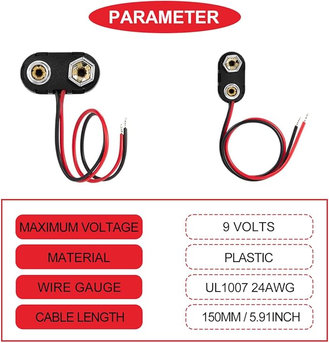 12Pcs 9v Battery Connector Clip with UL1007 24AWG Leads Wires,I-Type/T-Type Plastic Housing Pigtail Snap with Alligator Clips,2.1mm X 5.5mm DC Male/Female Power Plug,for Arduino Led Light