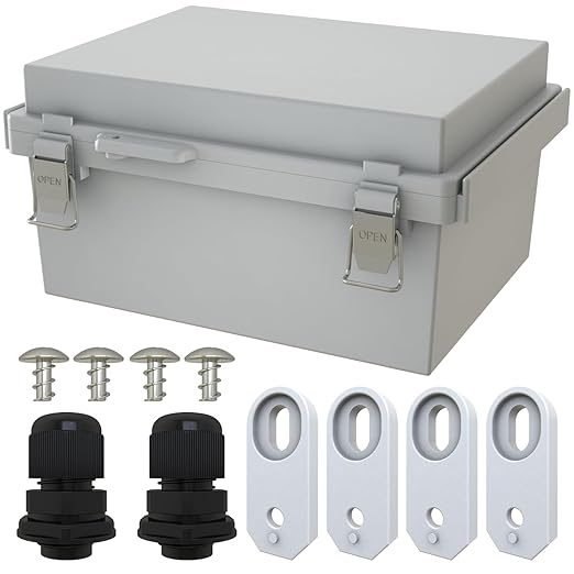 MAKERELE Small Electrical Junction Boxes Plastic Gray IP67 ABS with Electrical Waterproof Performance Including Mounting Plate,Stainless Steel Buckle and 1/2" NPT*2(8.7"×6.7"×4.3")