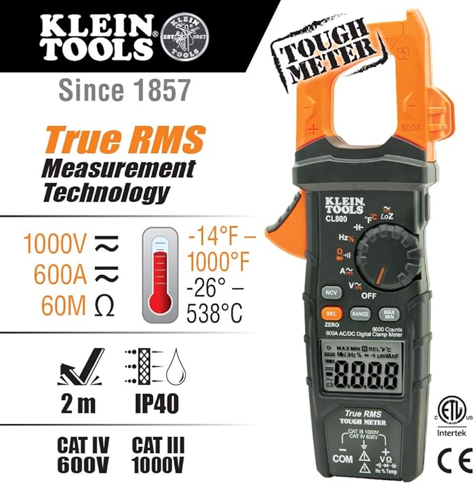 Klein Tools CL800 Digital Clamp Meter, Auto Ranging TRMS, AC/DC Volt/Current, LOZ, Continuity, Frequency, Capacitance, NCVT, Temp, More 1000V
