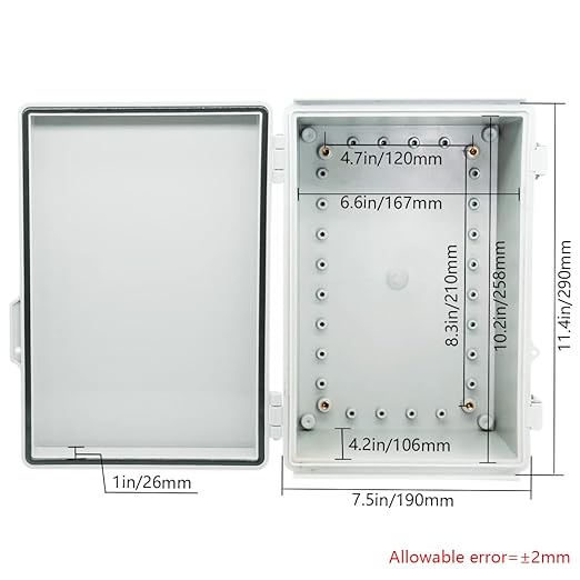 Zulkit Junction Box ABS Plastic Dustproof Waterproof IP67 Electrical Boxes Hinged Shell Outdoor Universal Project Enclosure Grey, Stainless Steel Buckles 11.4 x7.5 x 5.5 Inch