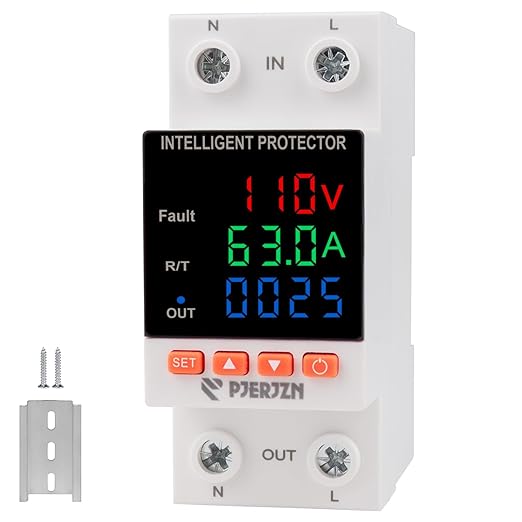 Adjustable Voltage Protector 110/230VAC 2P 63A Adjustable Smart Breaker Voltage Protector Current Limit Metering Overvoltage Undervoltage Time-delay Protection Automatic Reset