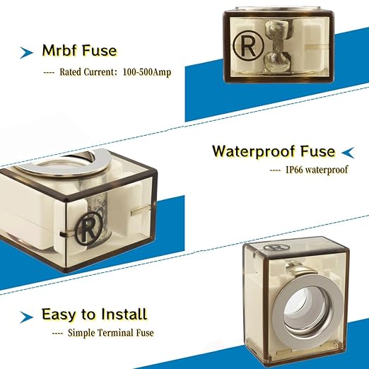 MRBF Terminal Fuses - 250Amp 58V DC Max/IP66 Waterproof Fuse for Boats, Marine, RVs, Solar Systems - Overload & Short Circuit Protection - Fits Inverters, Charging Piles, Trolling Motor (2-Pack)