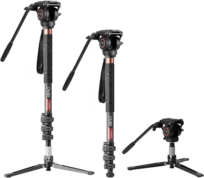 Cayer Monopod Camera Stand, Carbon Fiber Telescopic Monopods Kit with Video Fluid Head and Folding Support Base, 1 Extra Sliding Plate, for DSLR Video Cameras & Camcorders, CF34, 72 Inch