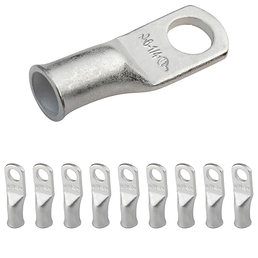 SELTERM 10pcs 6 AWG-1/4" Stud Tinned Copper Wire Lugs, Heavy Duty Battery Cable Ends,6 Gauge Ring Terminals, UL Battery Lugs Marine Grade Copper Eyelets Electrical Battery Terminal Connectors
