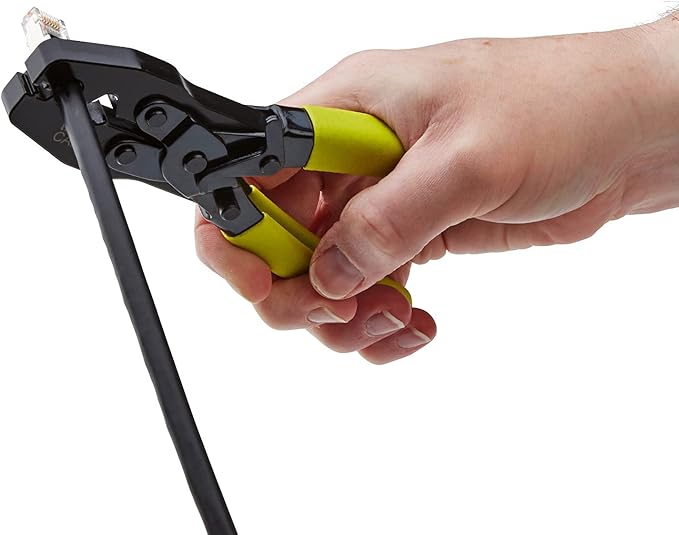 TRUE CABLE External Ground Crimping Tool for Shielded RJ45 Connectors, Dual Crimp Cavities, Carbon Steel, Non-Slip Ergonomic Handle, Terminal Crimper with Latch Mechanism