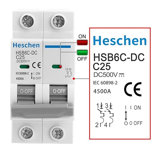 Heschen 2PCS DC Miniature Circuit Breaker, HSB6C-DC, 2 Poles, DC500V 25A, Photovoltaic Circuit Breaker, for Solar PV System Solar Panels Grid System, 35mm DIN Rail Mounting (25A)
