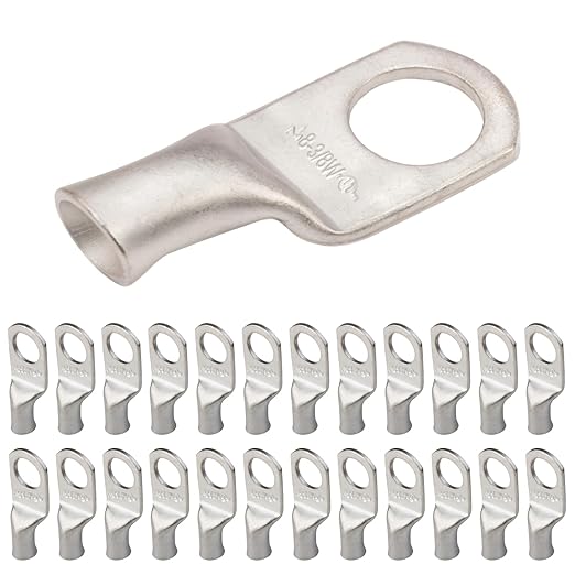 SELTERM 25pcs 8 AWG 3/8" Stud Marine Grade Tinned Copper Battery Cable Lugs, 8 Gauge Ring Terminals, UL Wire Lugs Electrical Battery Cable Ends, Tinned Copper Lugs Battery Terminal Connectors