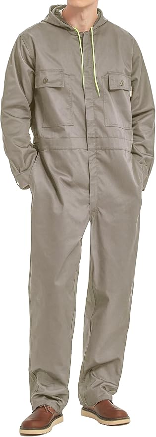 Mens Cotton Blend Long Sleeve Coverall Multi Pockets Zip Overall Mechanic Work Jumpsuit with Hood