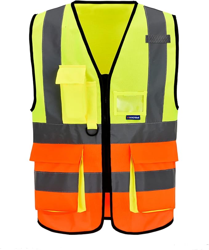 A-SAFETY High Visibility Safety Vest, ANSI Class 2 Identification Security Vest with 2'' Reflective Silver Strip, Front Zipper Construction Vest for Night, Orange&Yellow Color Mixed, XXL