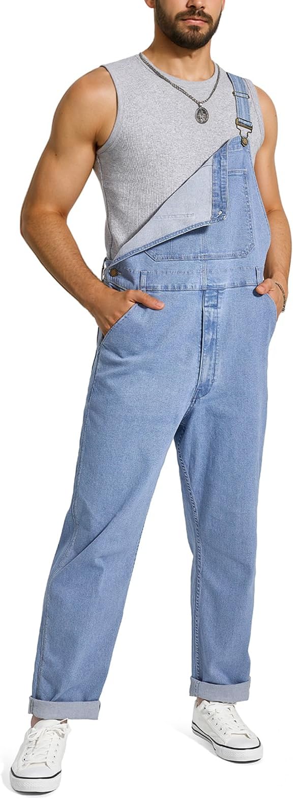HISEA Flex Denim Bib Overalls for Men, Blue Jean Fashion Casual Overalls, Relaxed fit Utility Workwear with Pockets