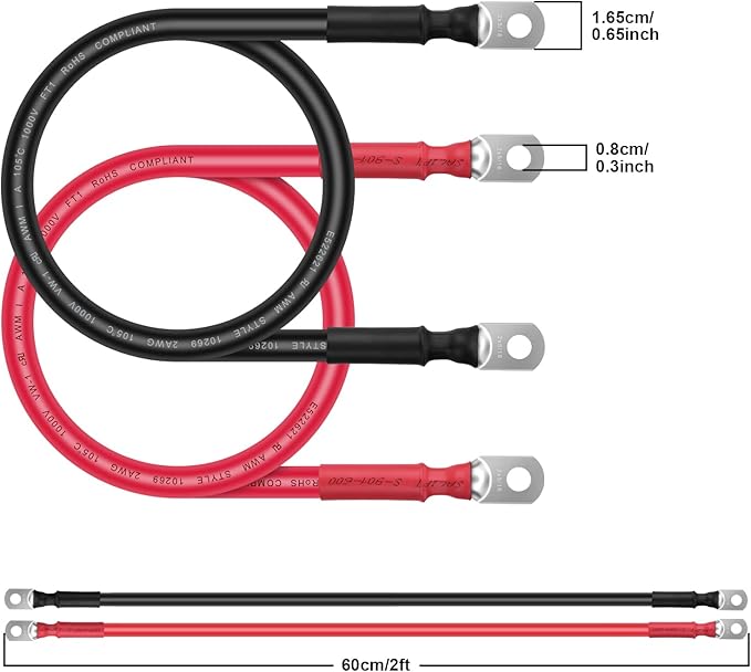 Battery Cable - iGreely 2 AWG 2 Gauge Wire Made with OFC Copper Wire Battery Power Inverter Cables with 5/16" Lugs Terminals for Welding Solar Panel Automotive Car Motorcycle RV Marine 2ft/60cm