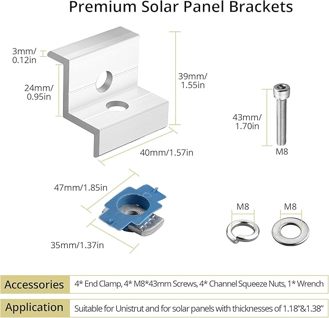 Anbte 10pcs Solar Panel End Clamp for Standard Unistrut, Aluminum 30mm/35mm Solar Panel Brackets with Nuts Bolts, Solar Panel Mounting Kit for Metal Roof, Tin Roof, Flat Roof, Sheet Roof, Silver